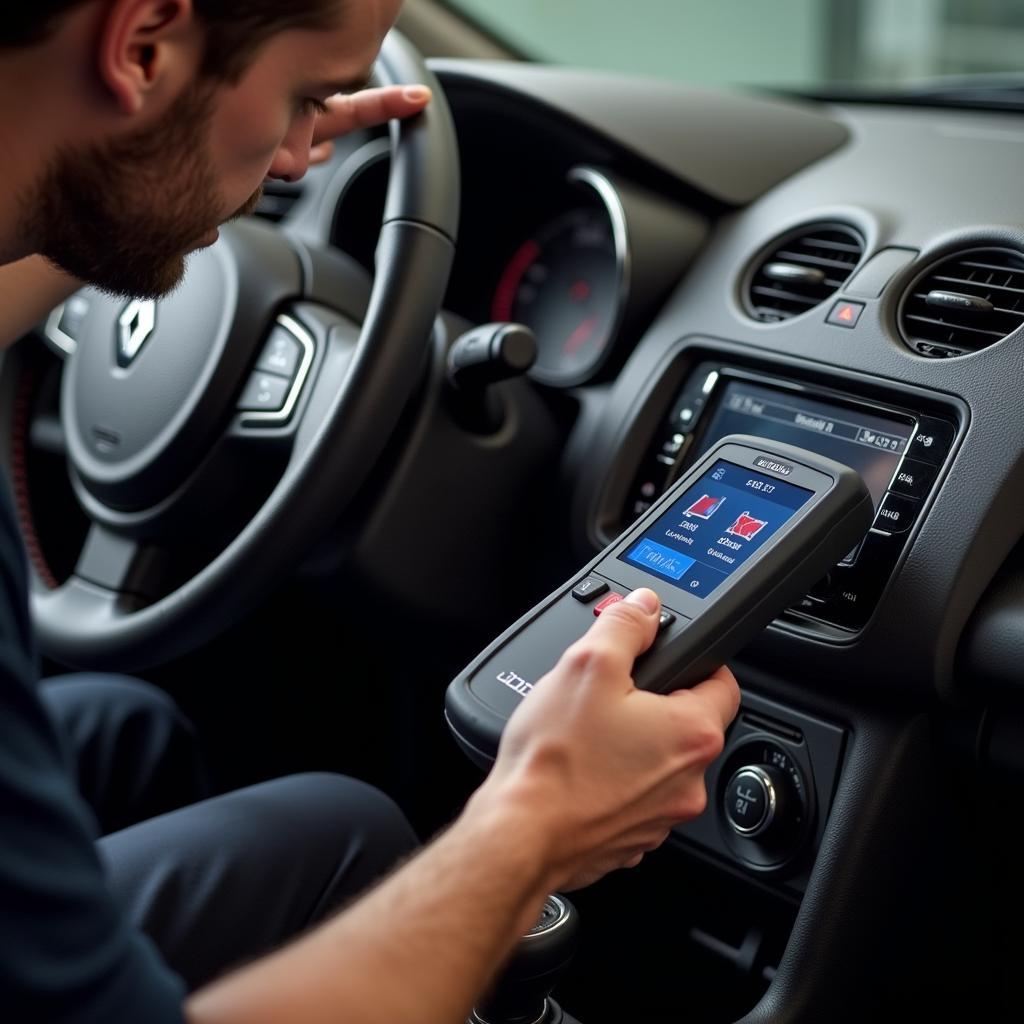 Mechanic using a Renault Clio diagnostic tool