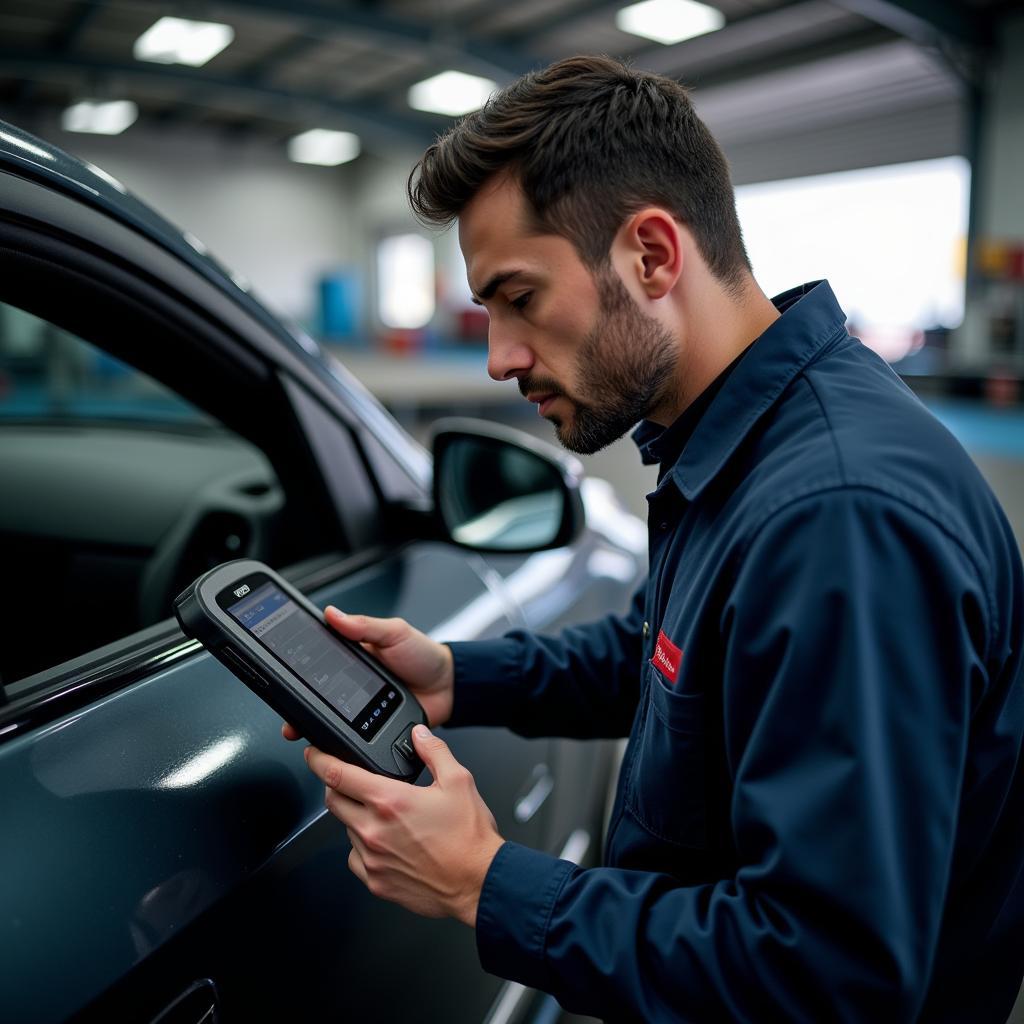 Automotive Technician Using a High-End Scan Tool