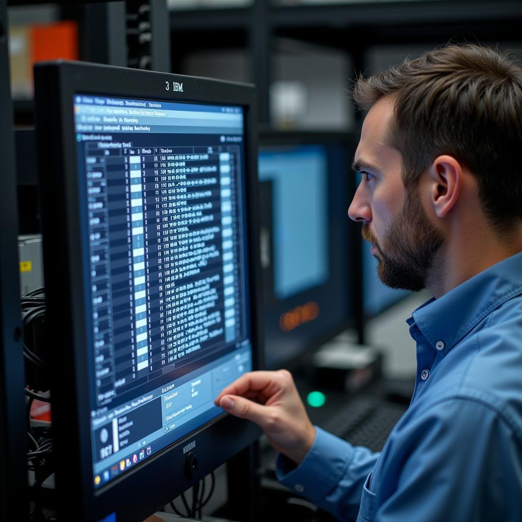 Technician Analyzing IBM Tape Drive Data