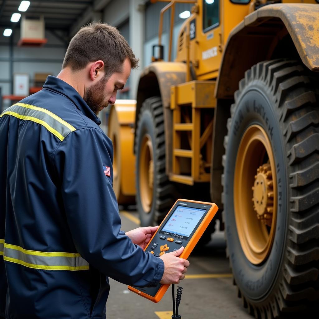 Technician Diagnosing Construction Equipment