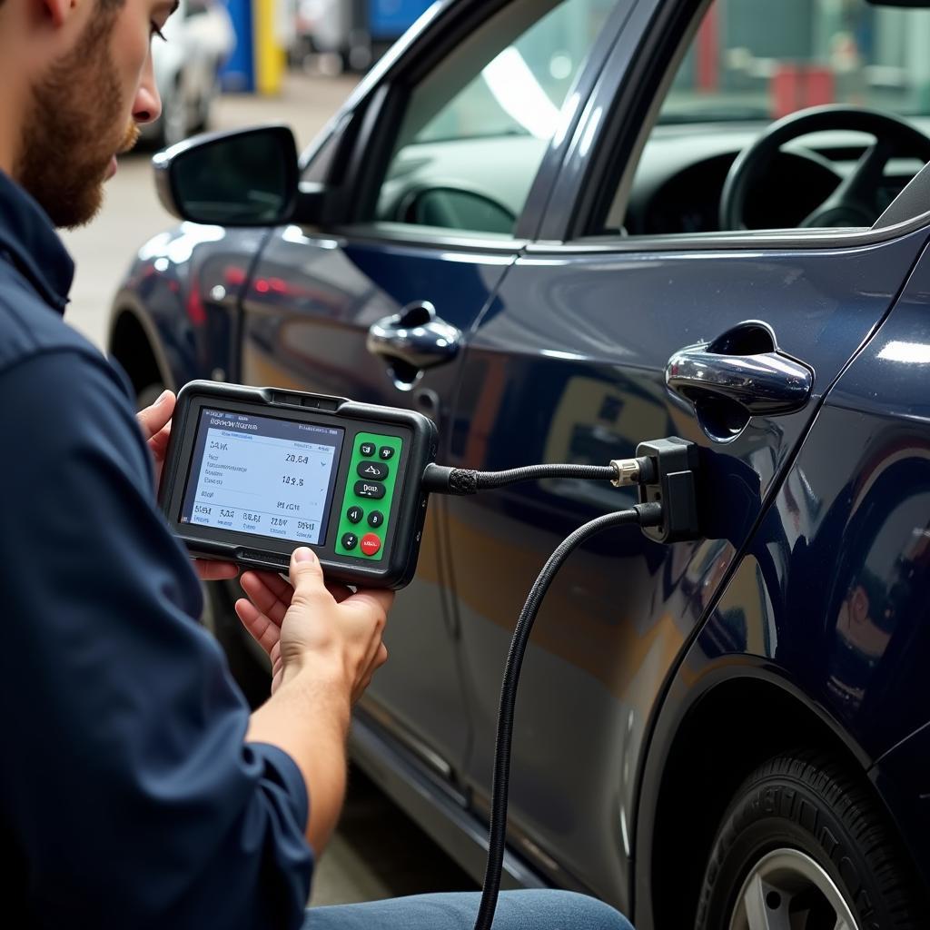 Technician using diagnostic software on car