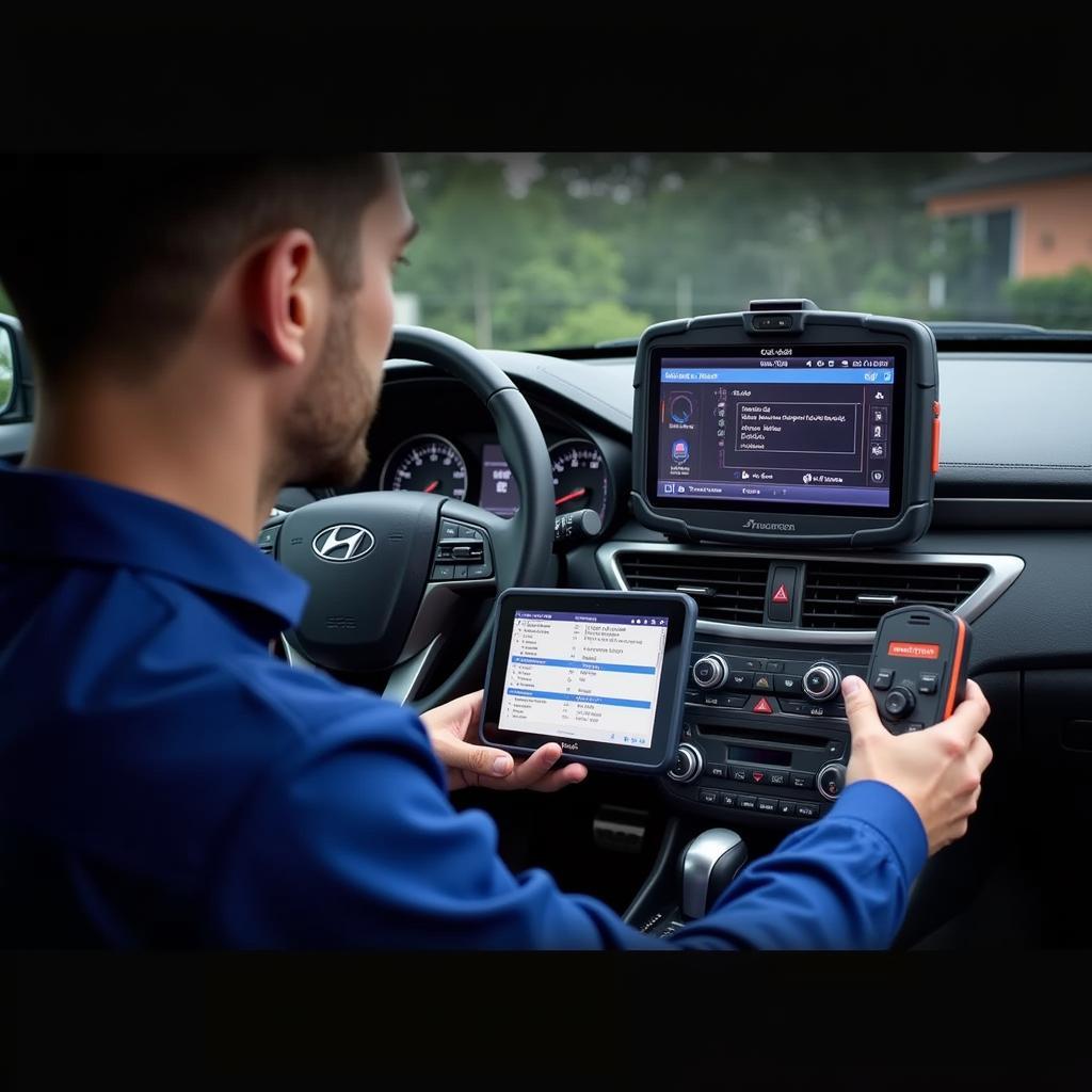 Technician using Hi Scan Pro on Hyundai