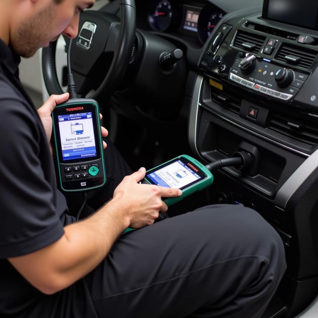 Mechanic using the Toshiba cooling performance diagnostic tool