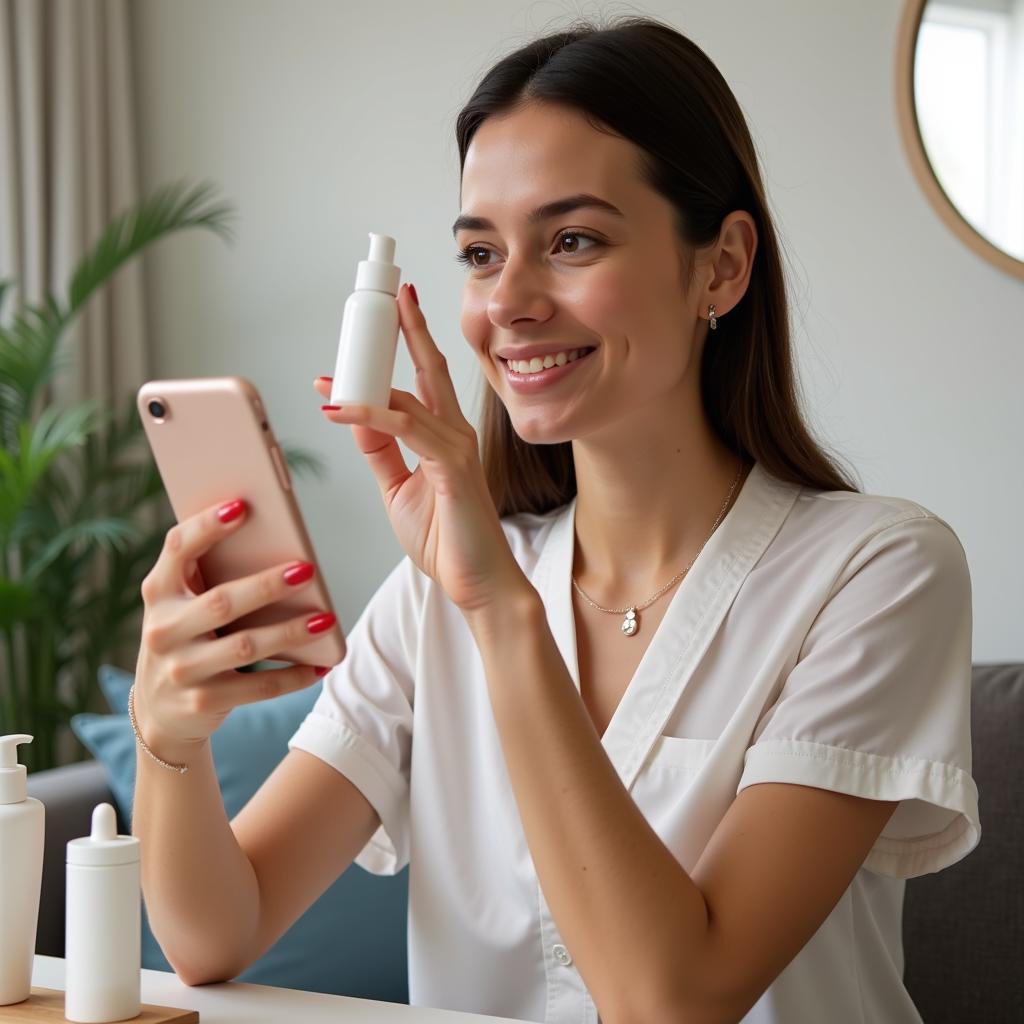 Woman Using Skin Care Ingredients Scanner at Home to Analyze Her Skincare Products