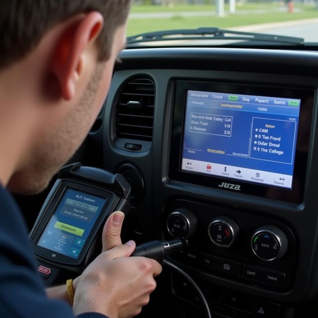 Mechanic using a scan tool on a 2006 GM car