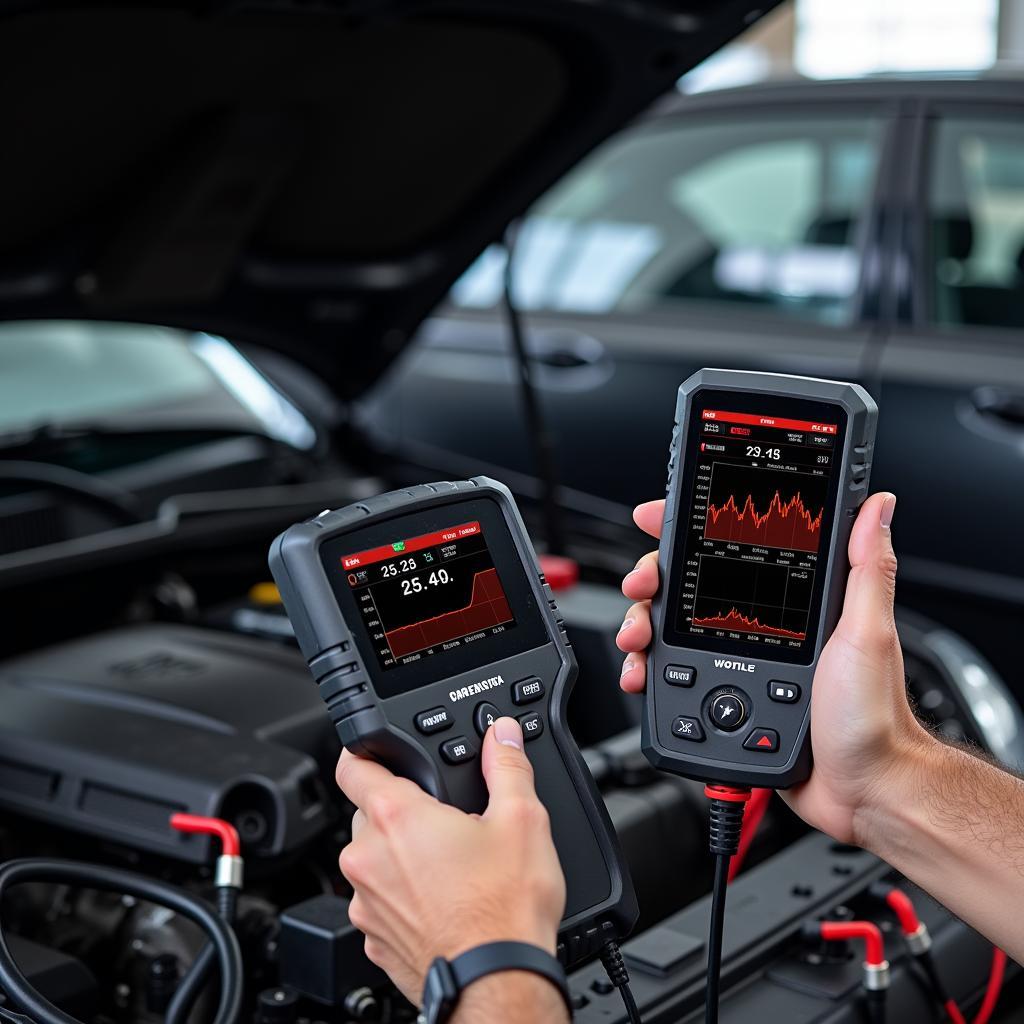 A mechanic using a diagnostic tool to view live data from a car's sensors