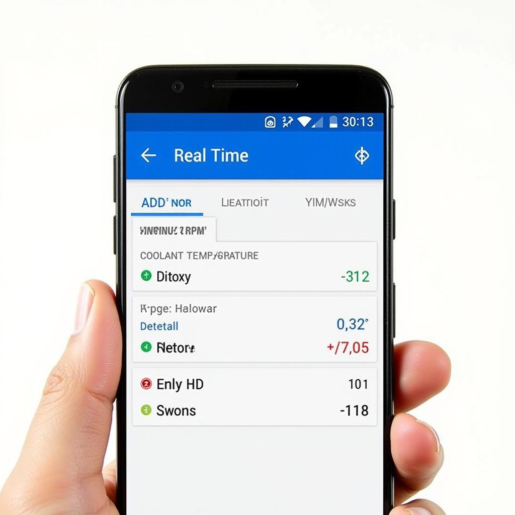 Smartphone app interface displaying car diagnostic data