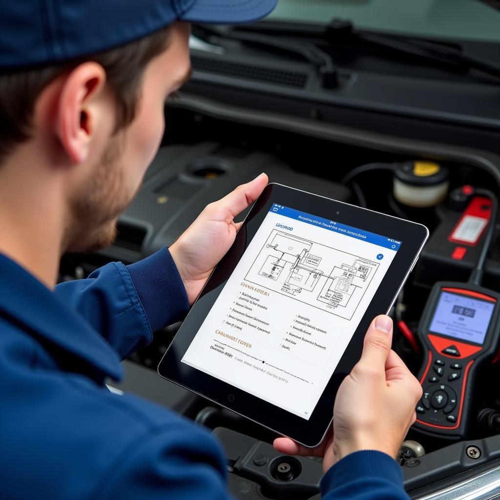 Automotive Technician Using Scan PDF Tool on Tablet