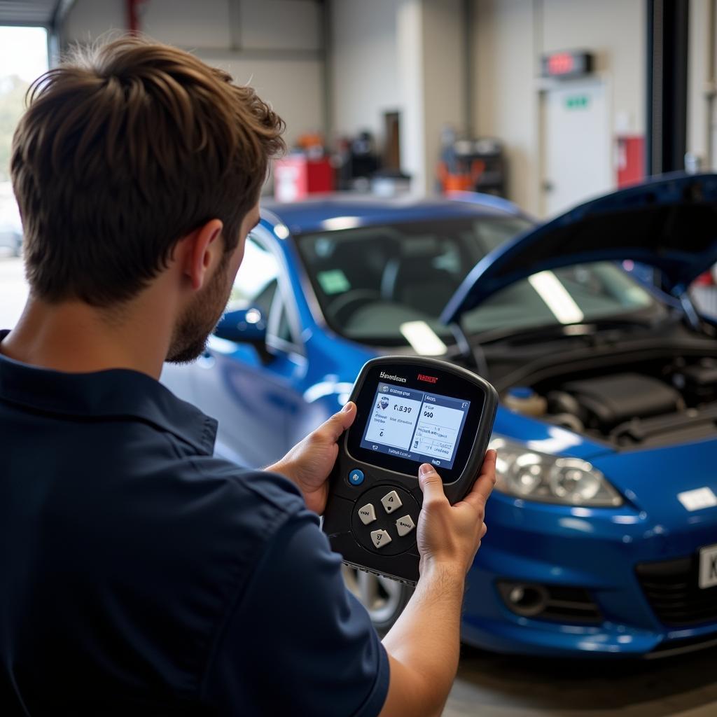 Automotive Technician Using Scan Tool for Diagnostics