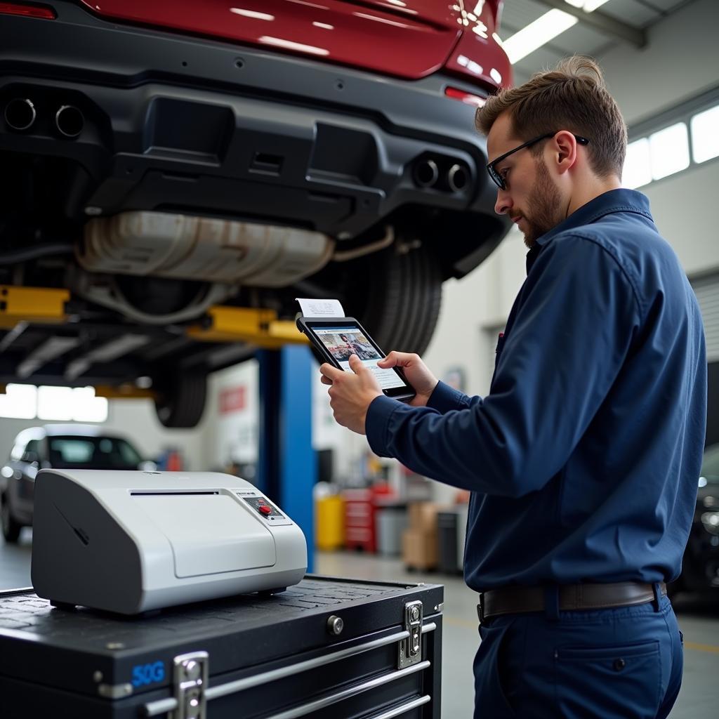 Automotive Technician Using Scanner and Printer