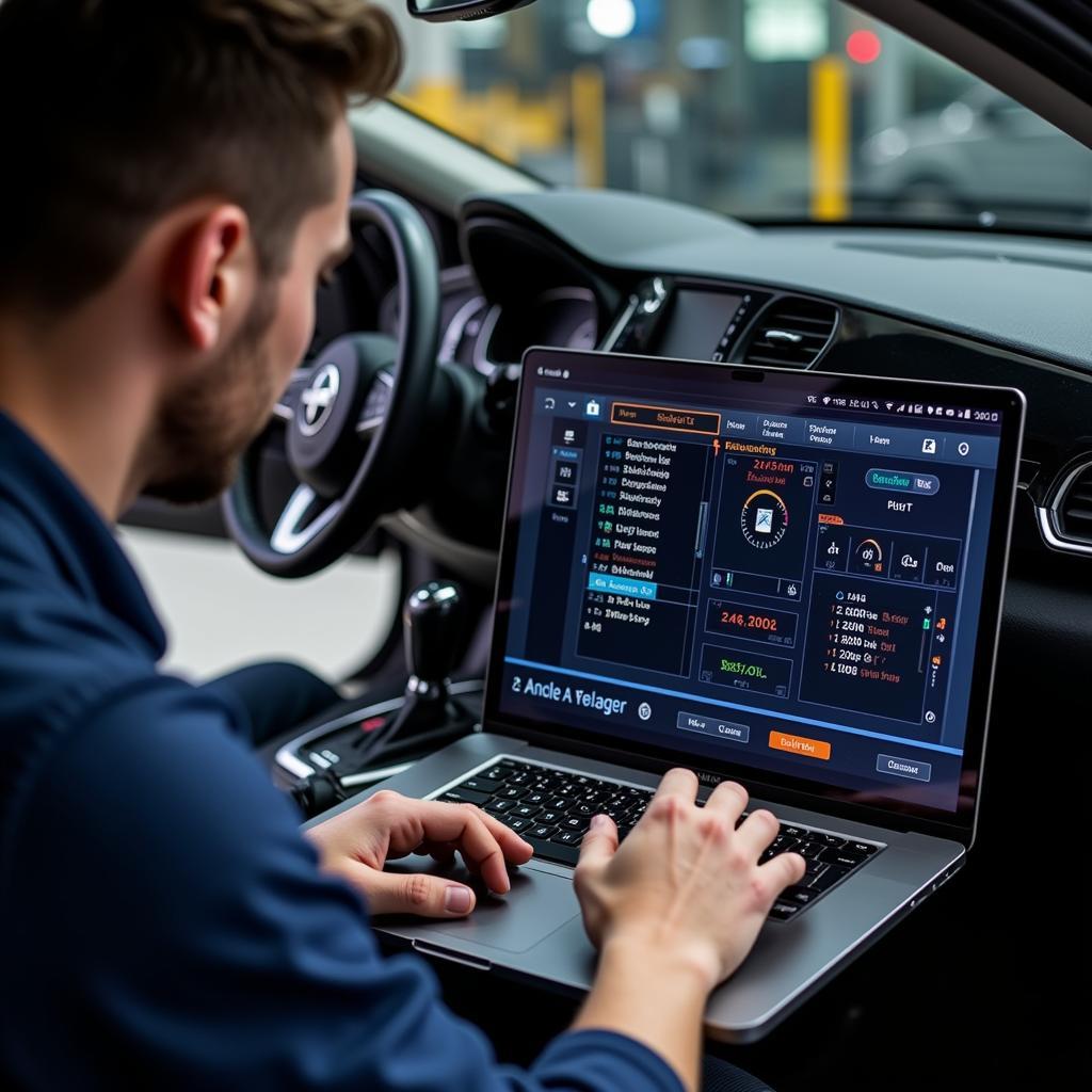 Automotive Technician Using USB Diagnostic Tool on a Laptop