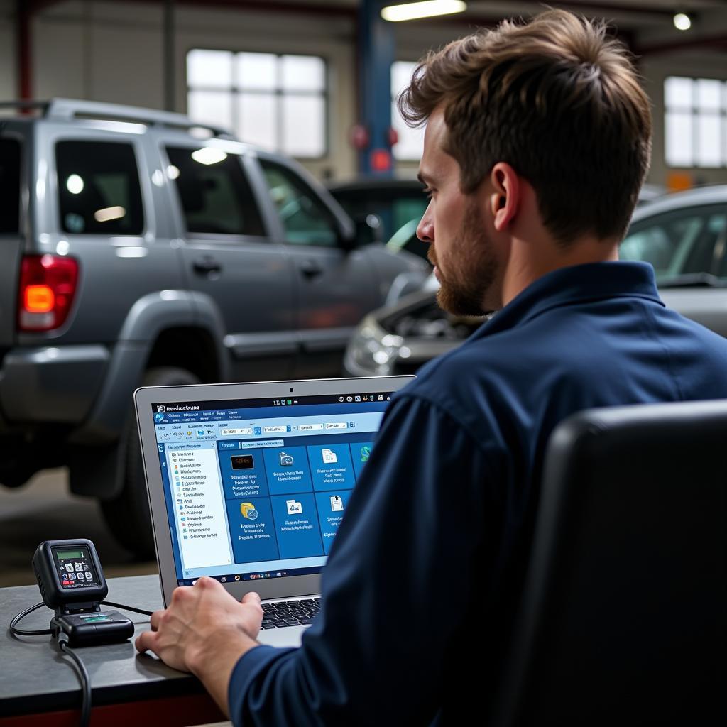 Mechanic using bi-directional scan tool software on a laptop for vehicle diagnostics