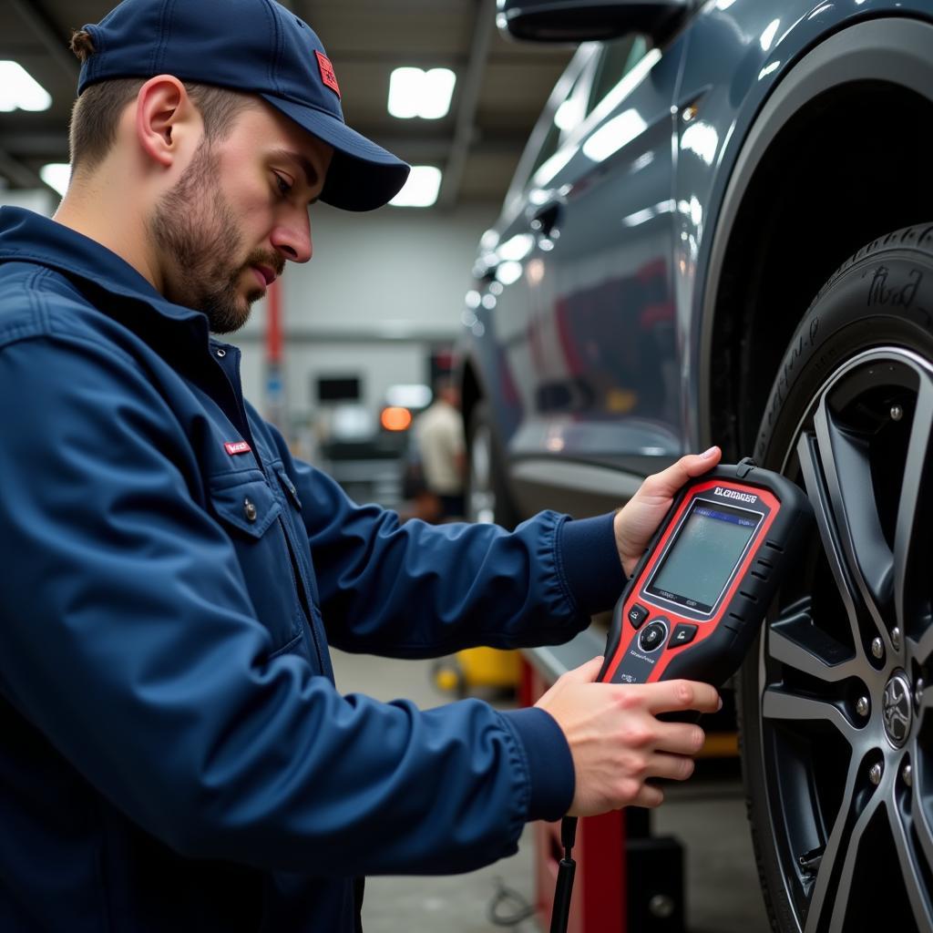 Bloomberg Diagnostic Tool In Use - Automotive Technician Utilizing the Tool for Vehicle Diagnostics