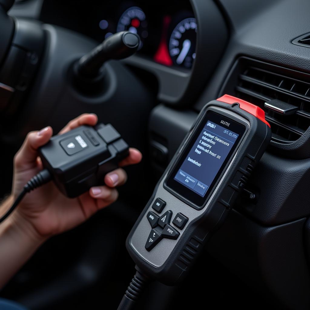 Car Diagnostic Code Reader Scan Tool Connected to OBD2 Port