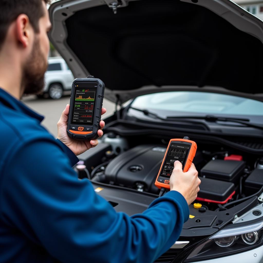 Mechanic Using a Car Diagnostic Scanner Tool