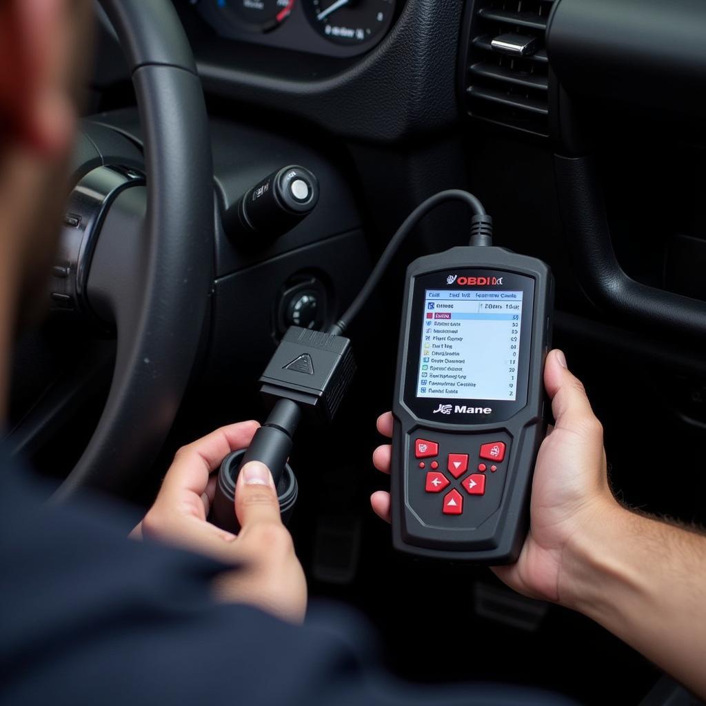 Mechanic using a car diagnostic tool to troubleshoot a vehicle