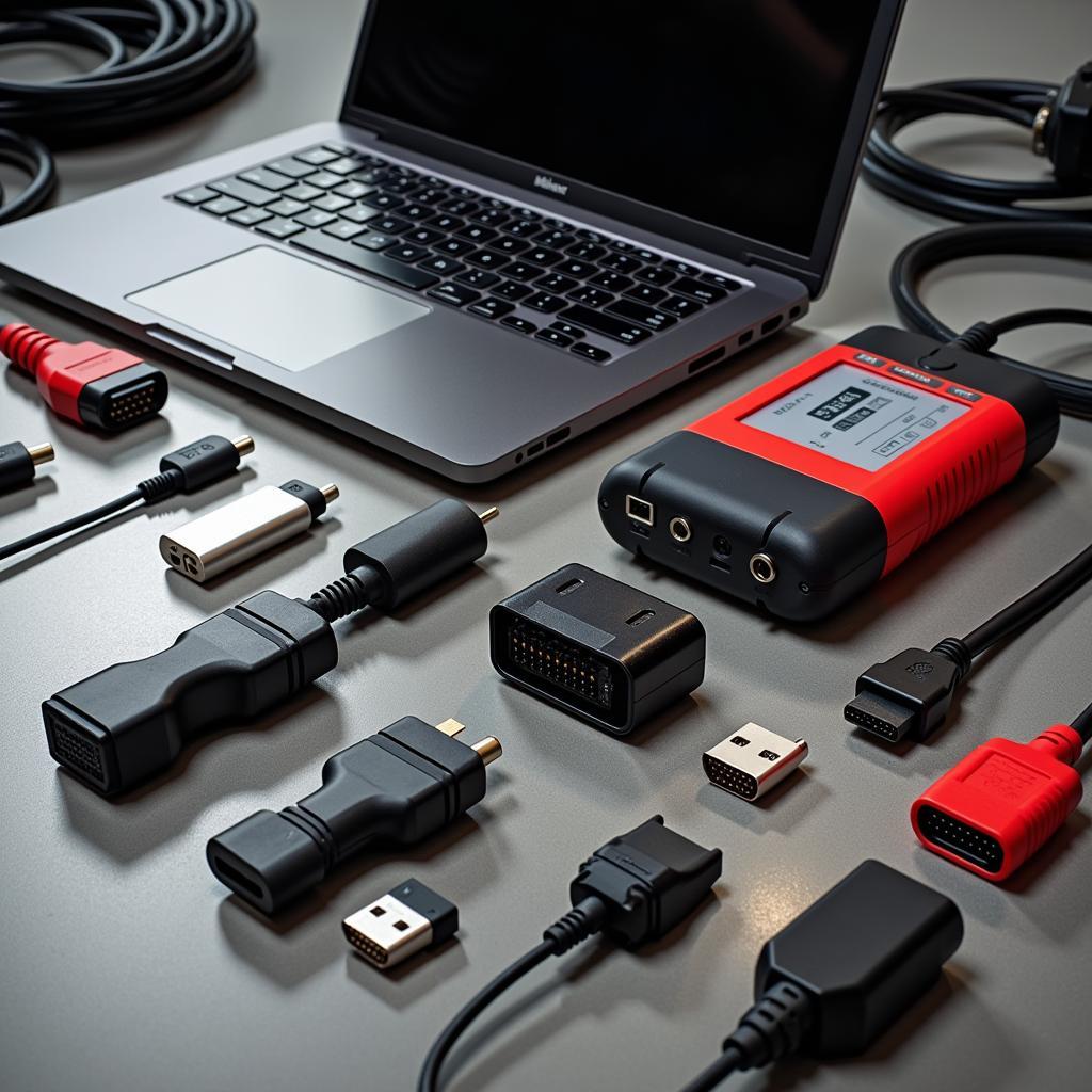 Assortment of car diagnostic tools displayed with a laptop.