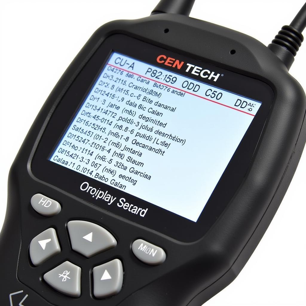 Close up of the Cen Tech OBD2 Deluxe Scan Tool display showing diagnostic trouble codes