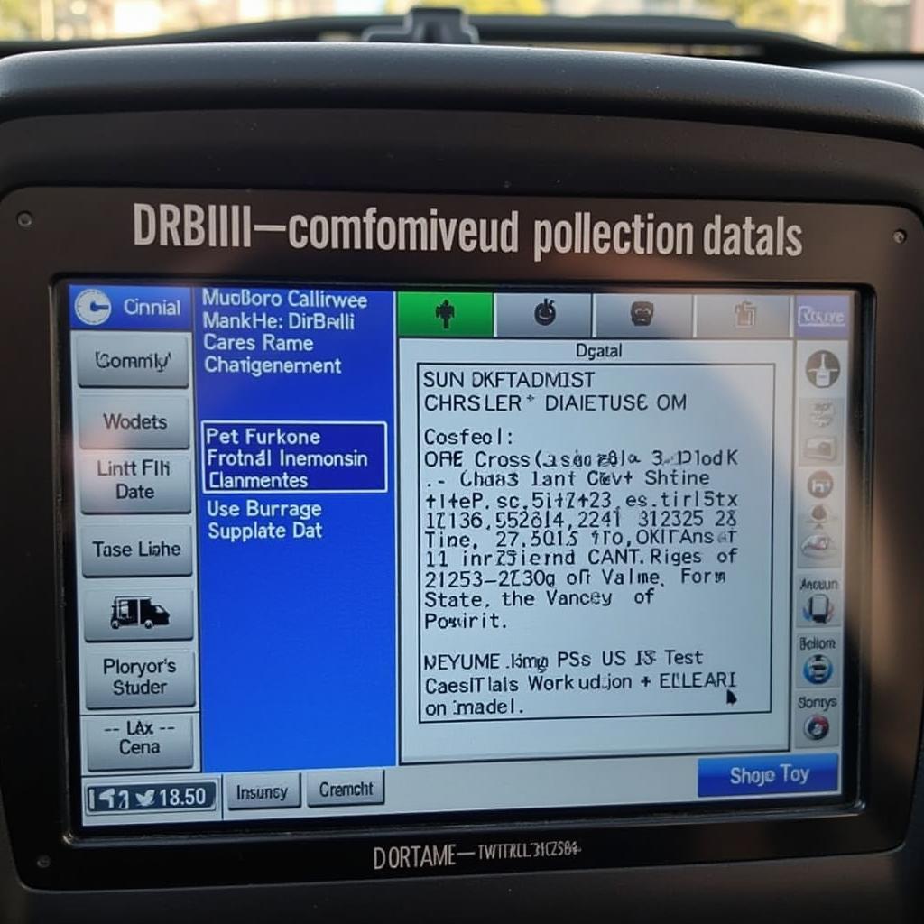 Close-up of a DRBIII scan tool displaying diagnostic data from a Chrysler Crossfire