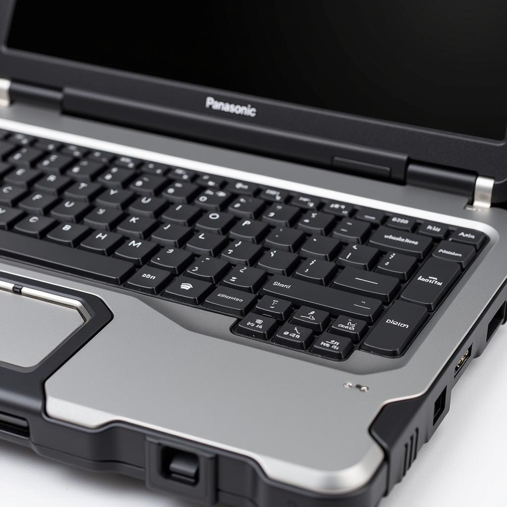 Close-up of Panasonic Toughbook keyboard and touchpad, showing its rugged design.