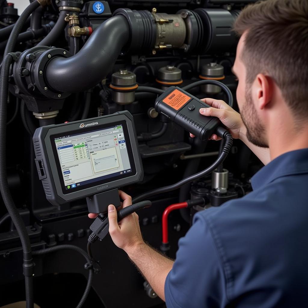 Mechanic Using a Cummins Diagnostic Tool on a Truck Engine