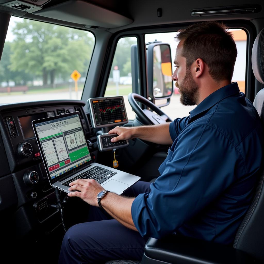 Technician Analyzing Data from a Cummins Diagnostic Tool