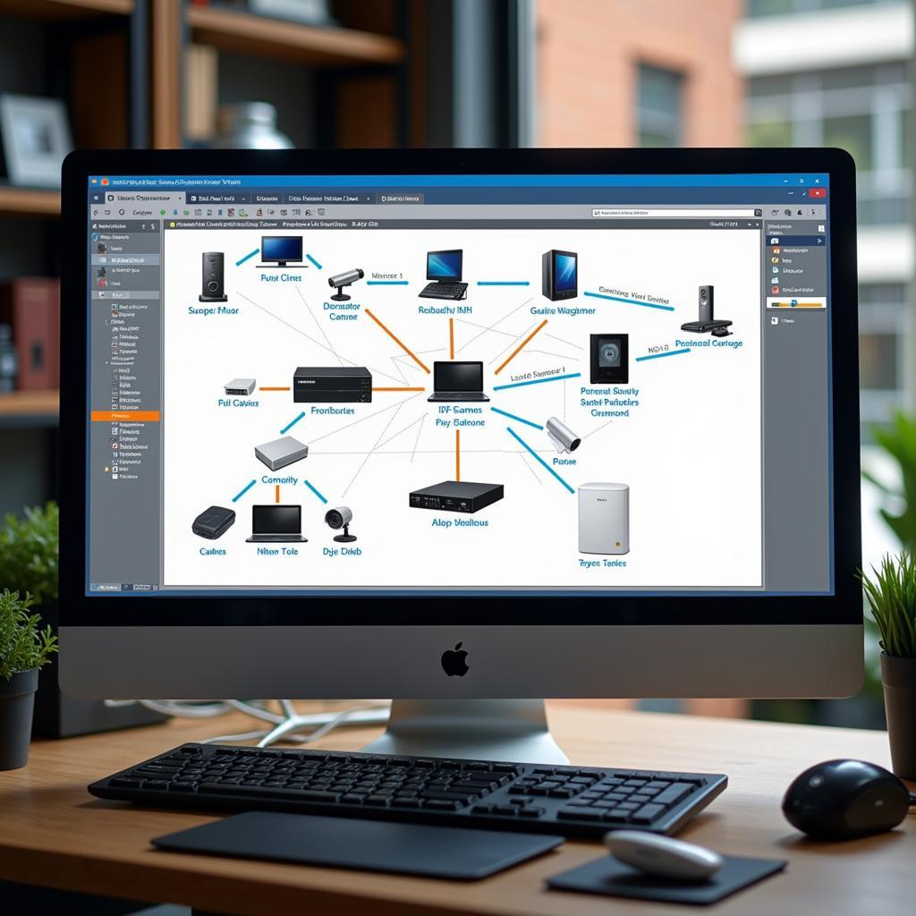 Dahua IP scan tool displays network topology map of an automotive workshop.