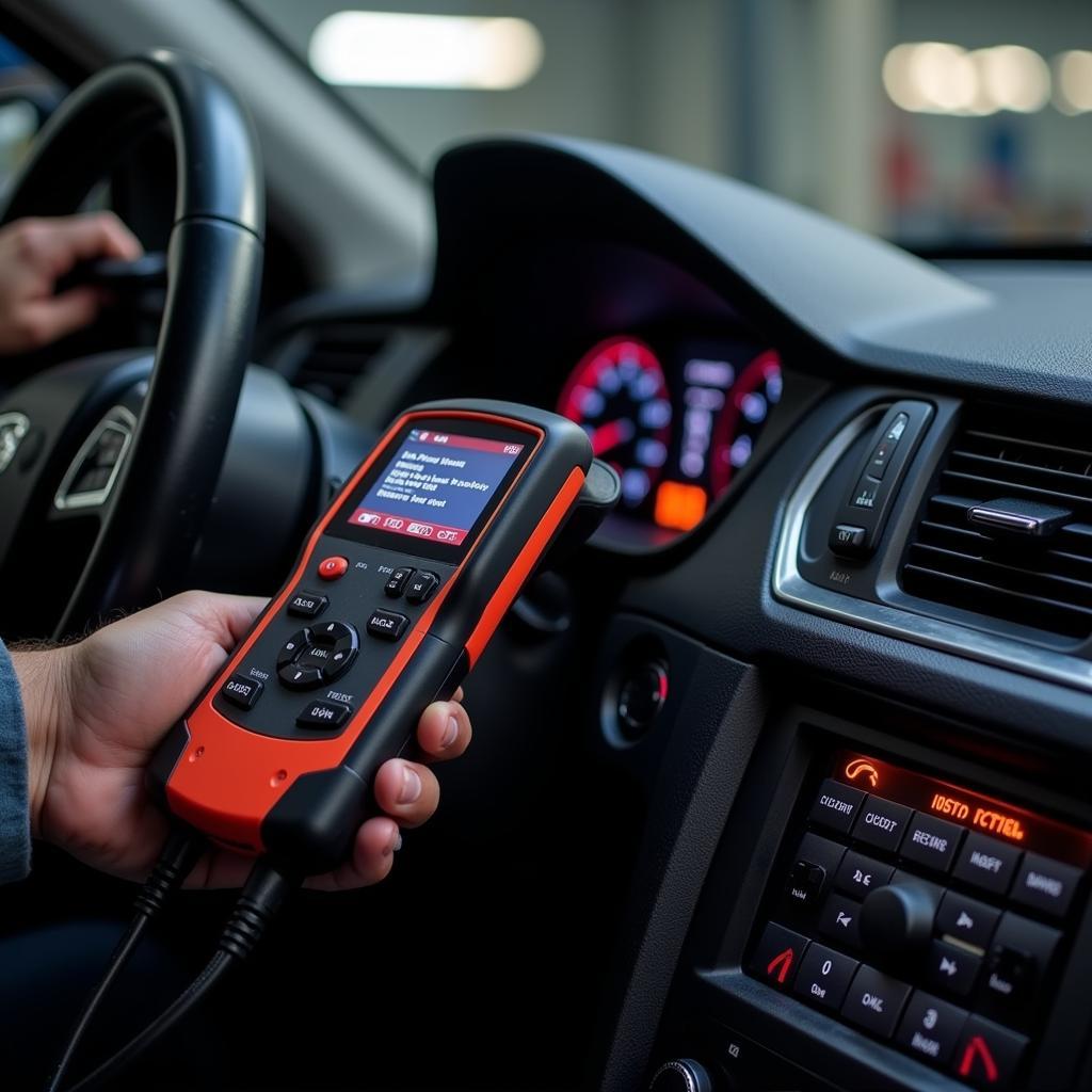 Mechanic using a diagnostic tool to read DTCs