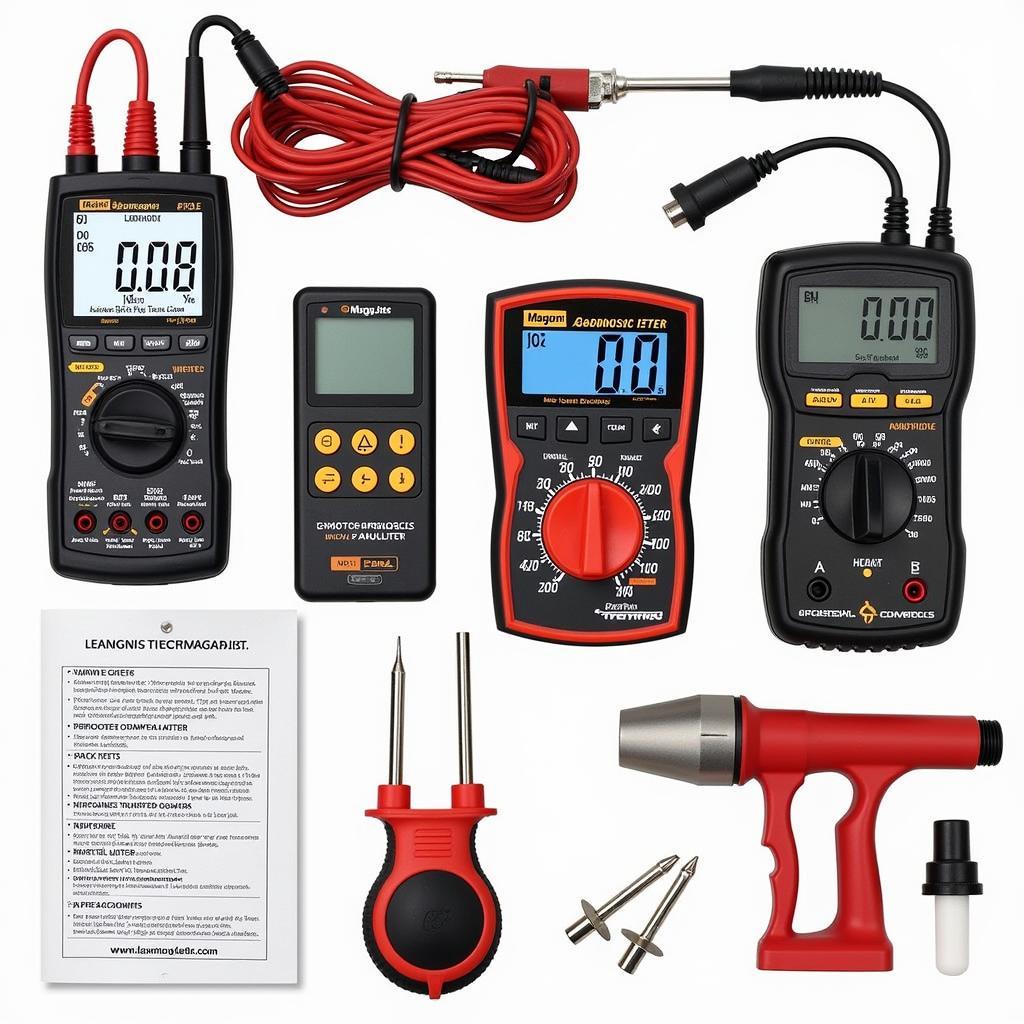 Various lawn mower diagnostic tools laid out on a workbench.