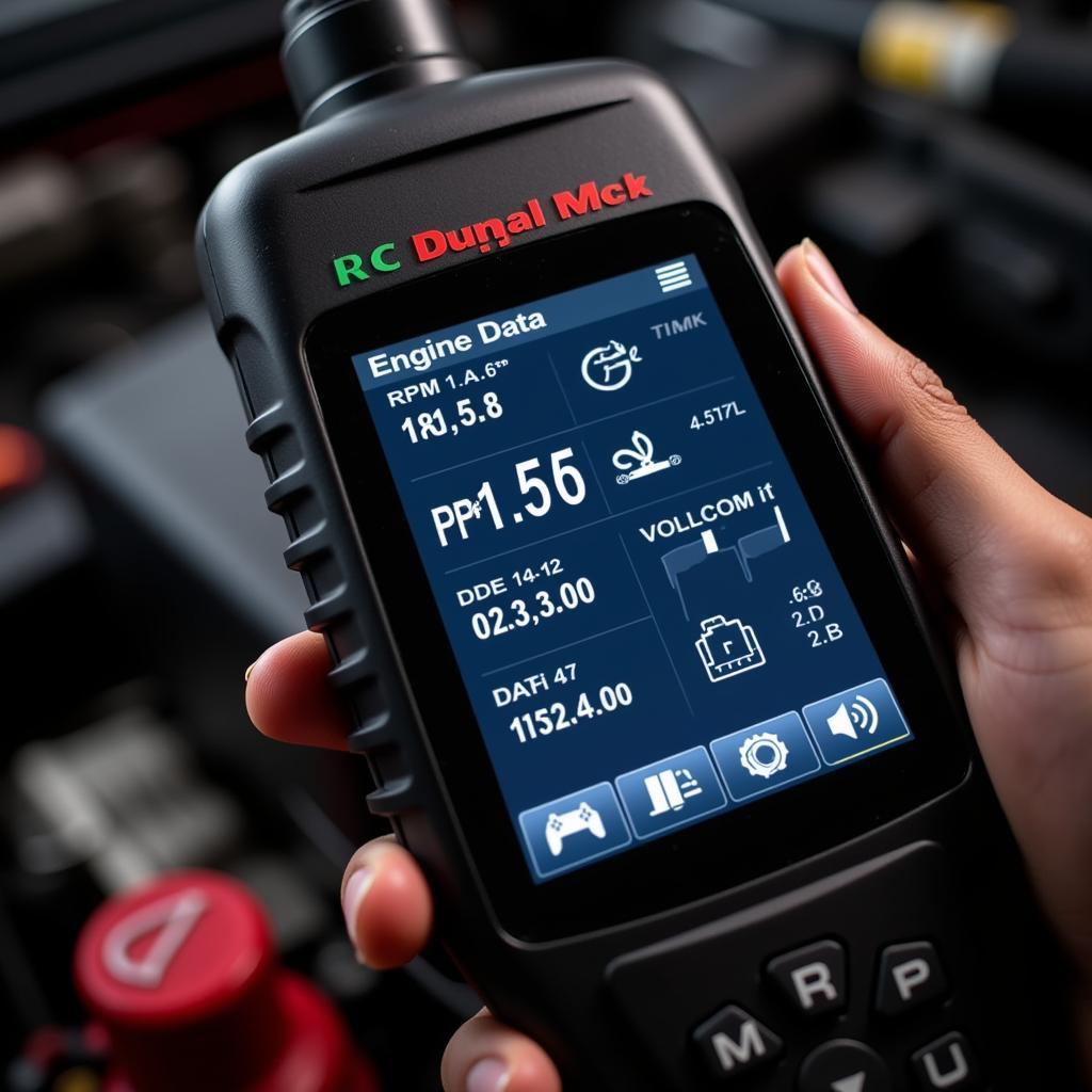 Handheld Diagnostic Tool Displaying Engine Data