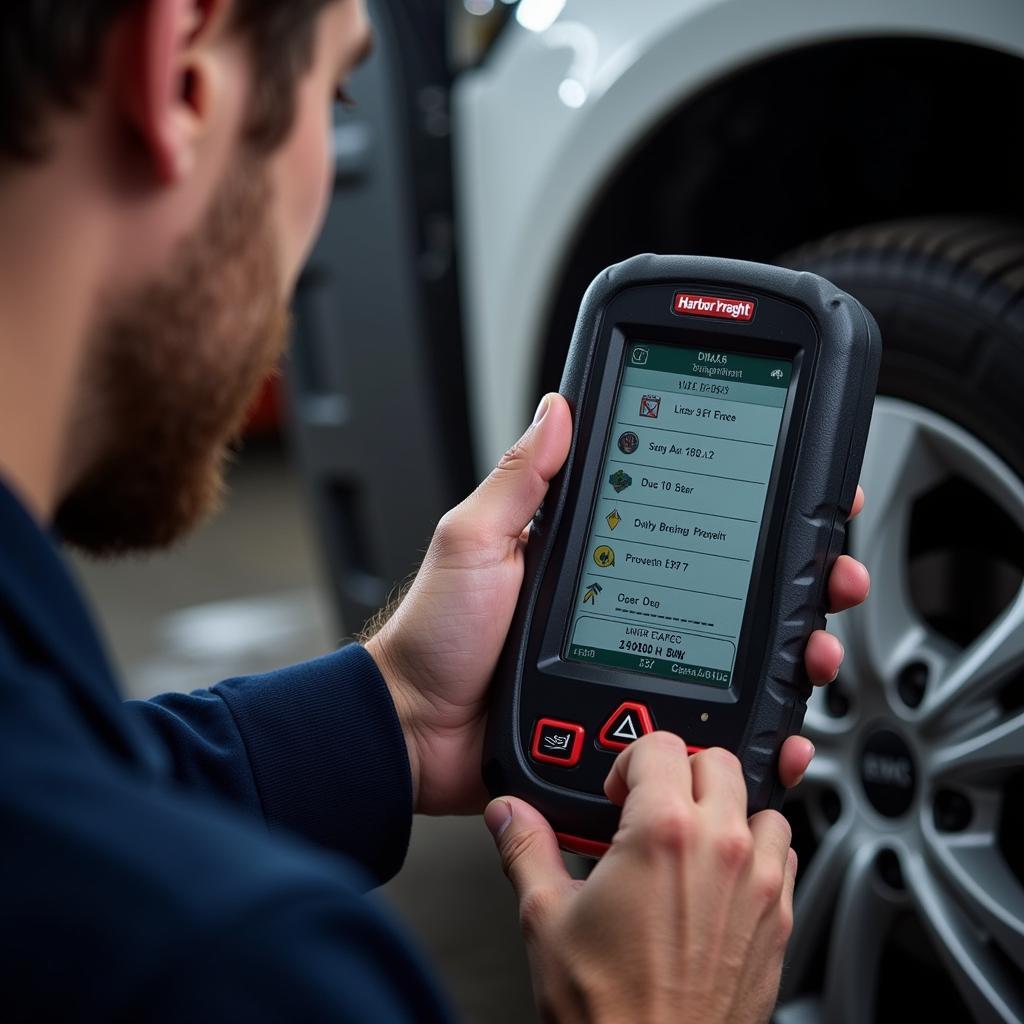 Mechanic Using Harbor Freight Advanced Scan Tool