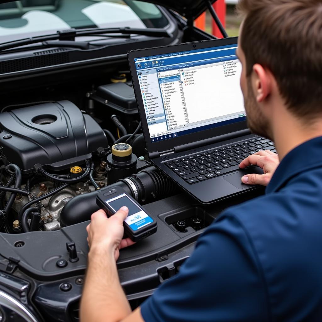 Automotive Technician Using a Hard Drive Diagnostic Tool USB Bootable to Diagnose a Car's Electrical System