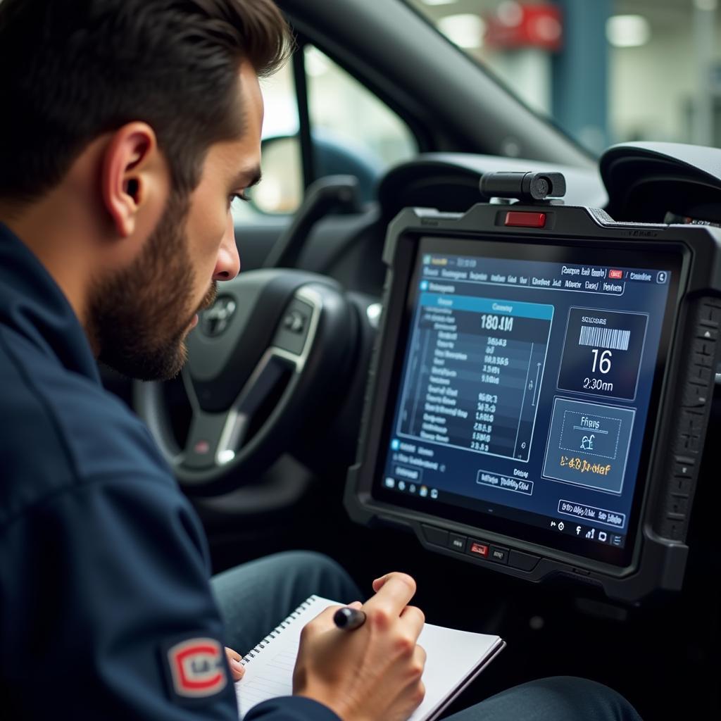 A mechanic is analyzing the data displayed on a scanning tool