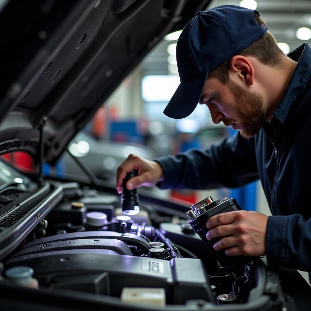 Mechanic Performing a Visual Inspection of a Car Engine