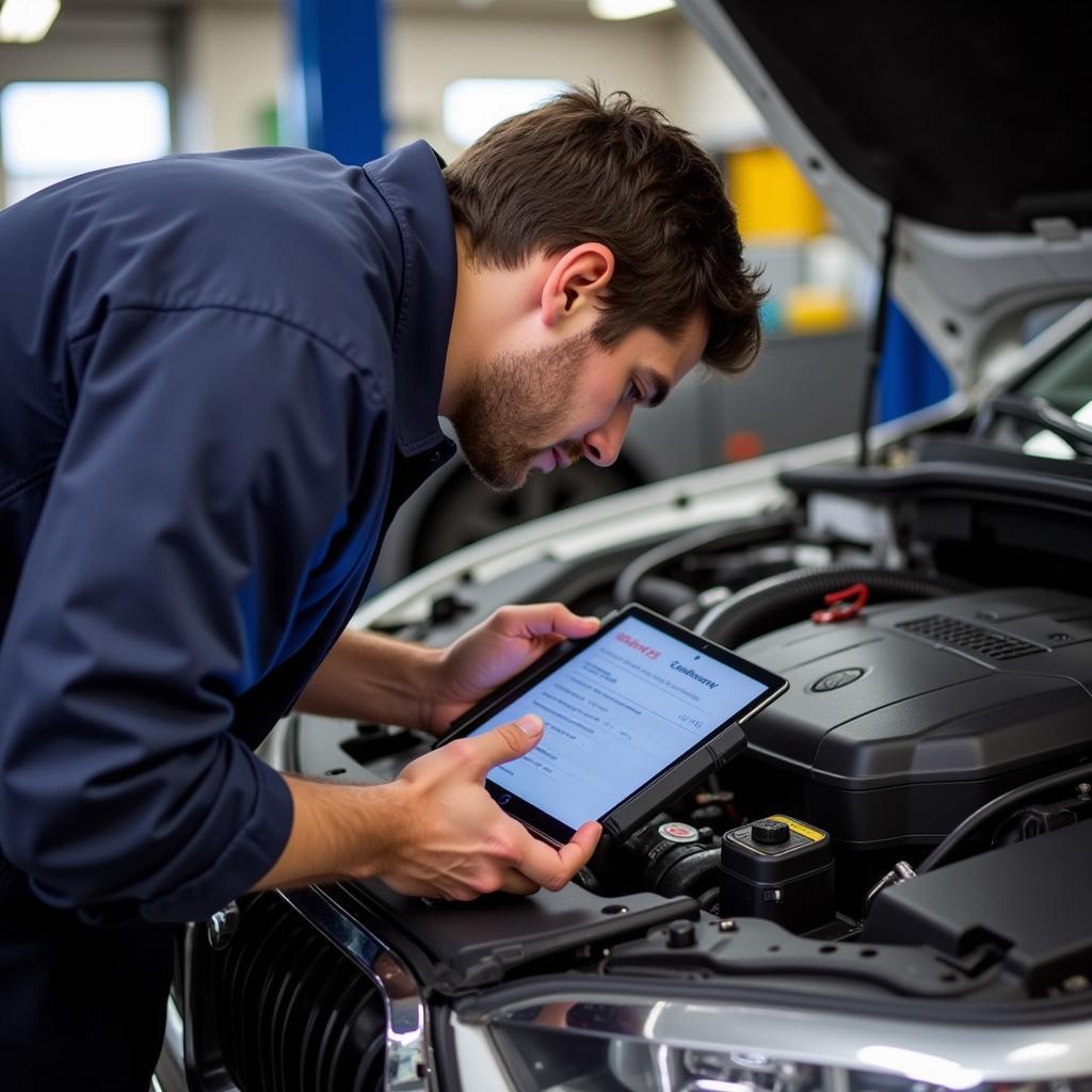 A mechanic checking a car's diagnostics using a wireless scan tool and a tablet.