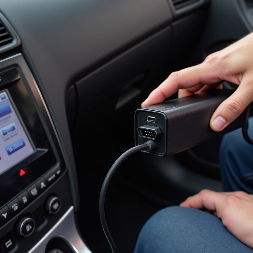 A mechanic connects a portable diagnostic tool to a car's OBD-II port