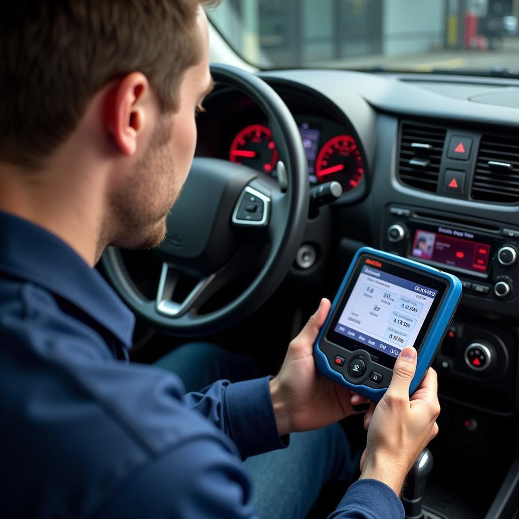 Mechanic Using Diagnostic Tools on a Car