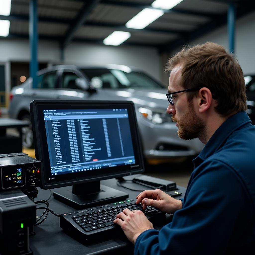 Mechanic Diagnosing Car Problem with Diagnostic Equipment