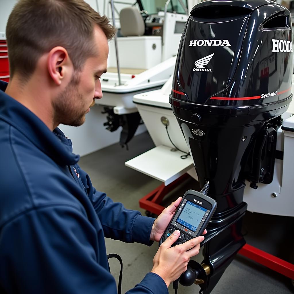 Mechanic Diagnosing Outboard Engine