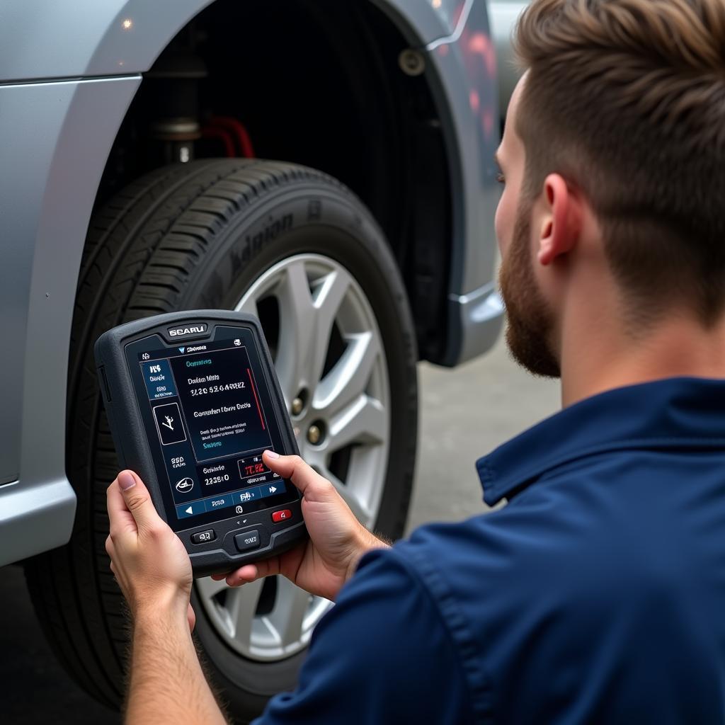 Mechanic Diagnosing Subaru ABS Issues with a Scan Tool