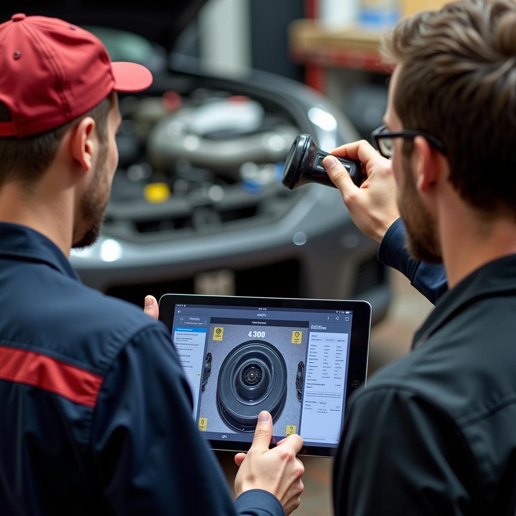 Mechanic Explaining Car Repair Using Barcode Scanner