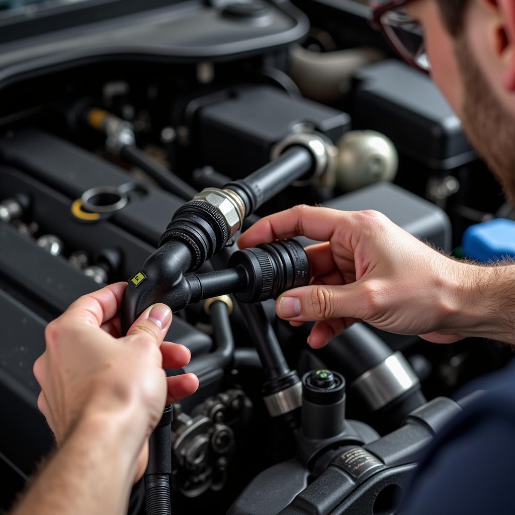 Mechanic inspecting air injection system components