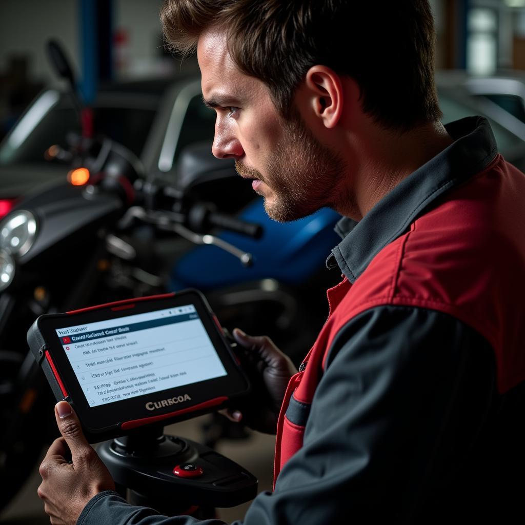 Mechanic Interpreting Diagnostic Codes on a Motorbike Diagnostic Tool