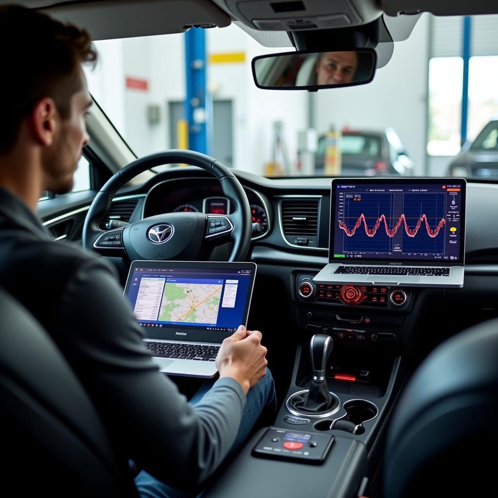 Mechanic analyzing data from a bidirectional scan tool on a laptop