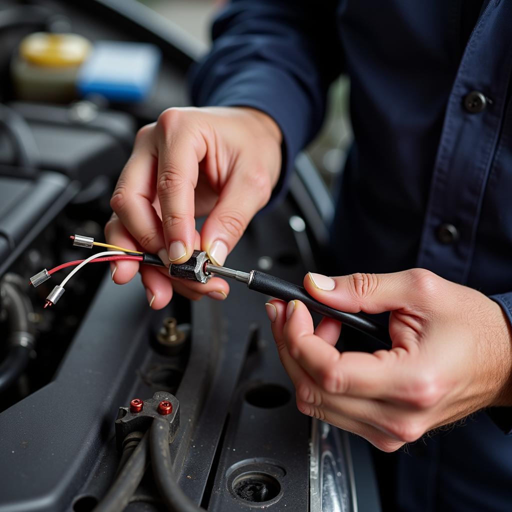 Mechanic Repairing Car Wiring Harness with Precision