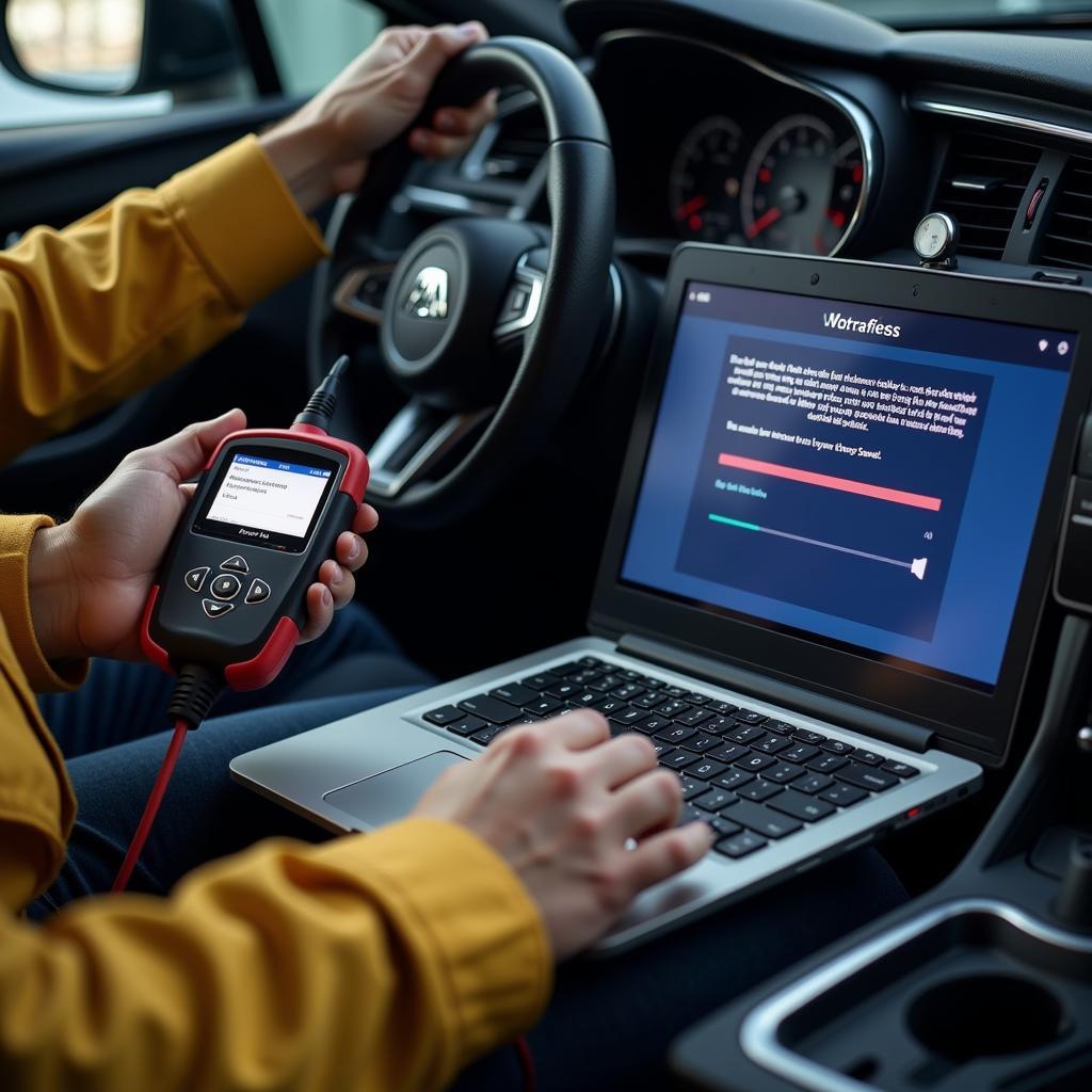 A mechanic updating the software on his vehicle diagnostic tool to ensure it has the latest features and vehicle coverage.