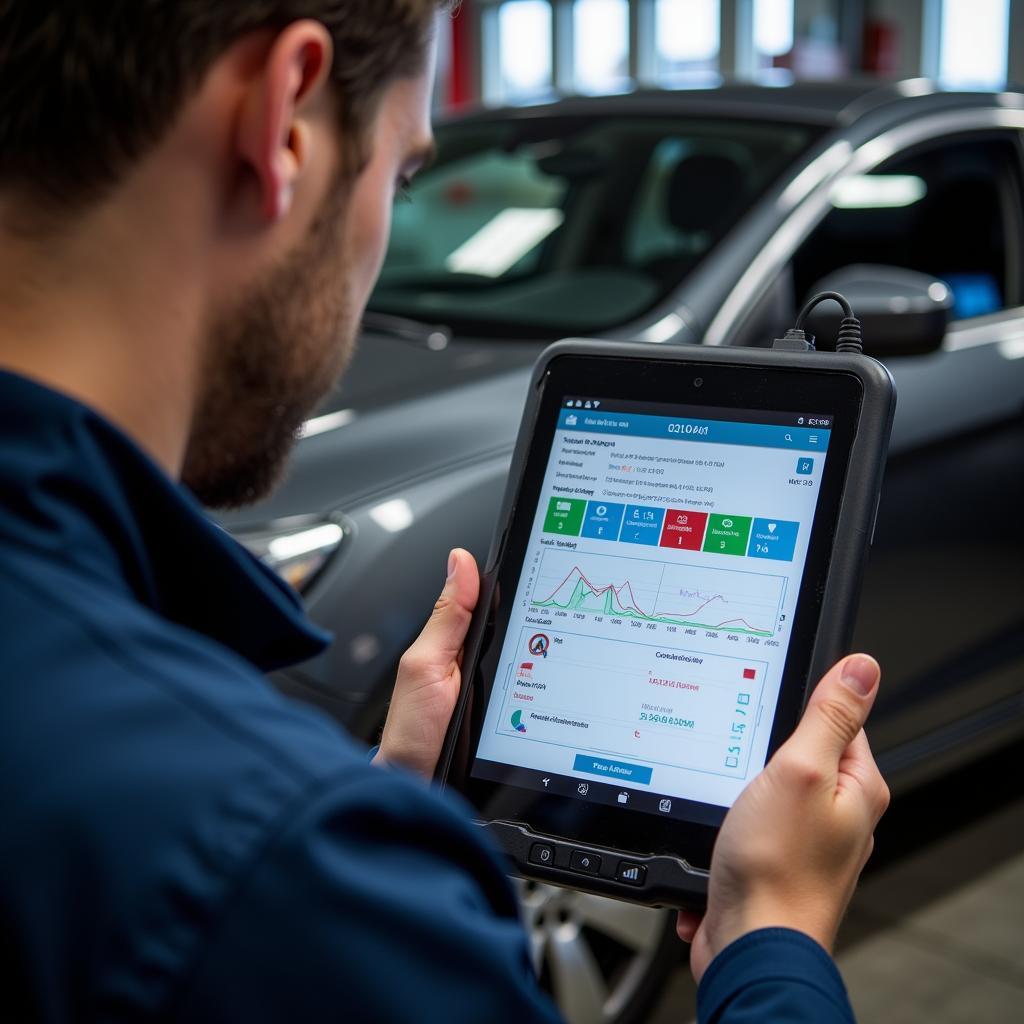 Mechanic Using a Professional Scan Tool with Tablet App