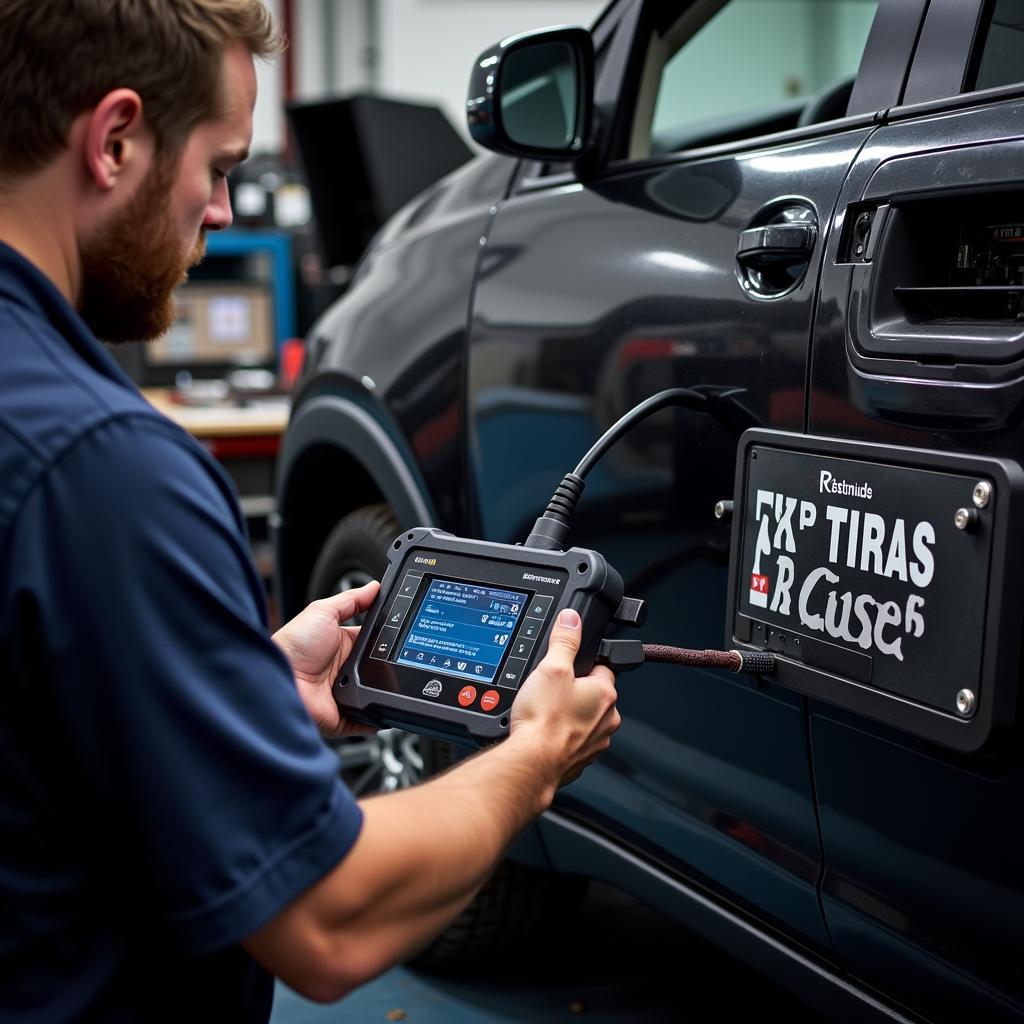 Mechanic Using Advanced Scan Tool in a Workshop