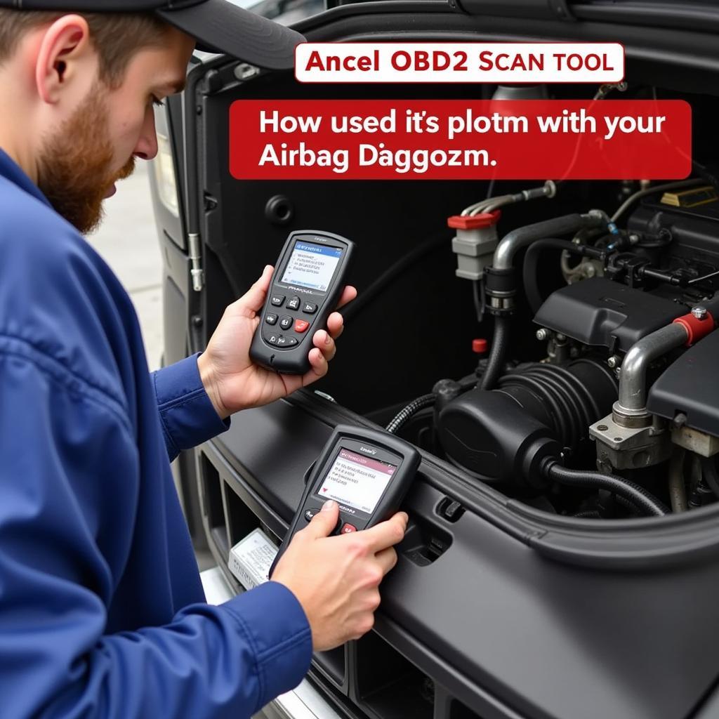 Mechanic using Ancel OBD2 Scan Tool with SRS