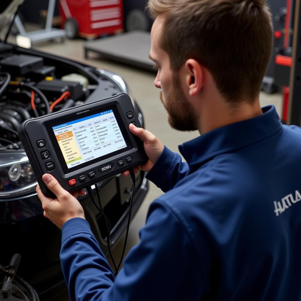 Mechanic using Autel DS708 in a workshop